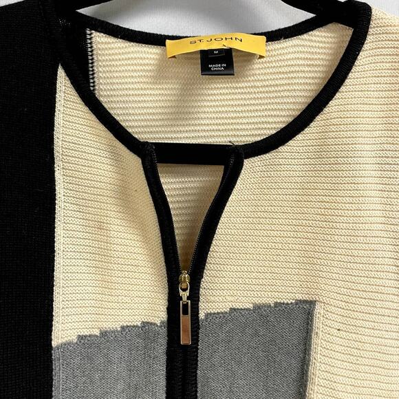 ST JOHN Cream Colorblocks Full Zip Wool Knit Sweater Long Sleeve Size Medium - Picture 3 of 10